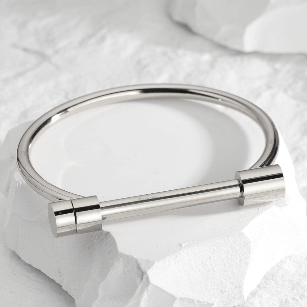 Silver Plated Stainless Steel Minimalist Bar Bangle Bracelet